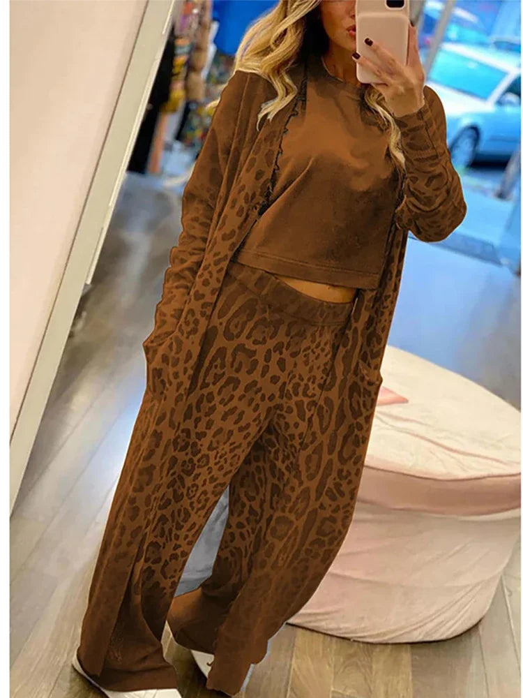 Sabrina - Lange mouwen vest met luipaardprint en elastische broekenset met tailleband
