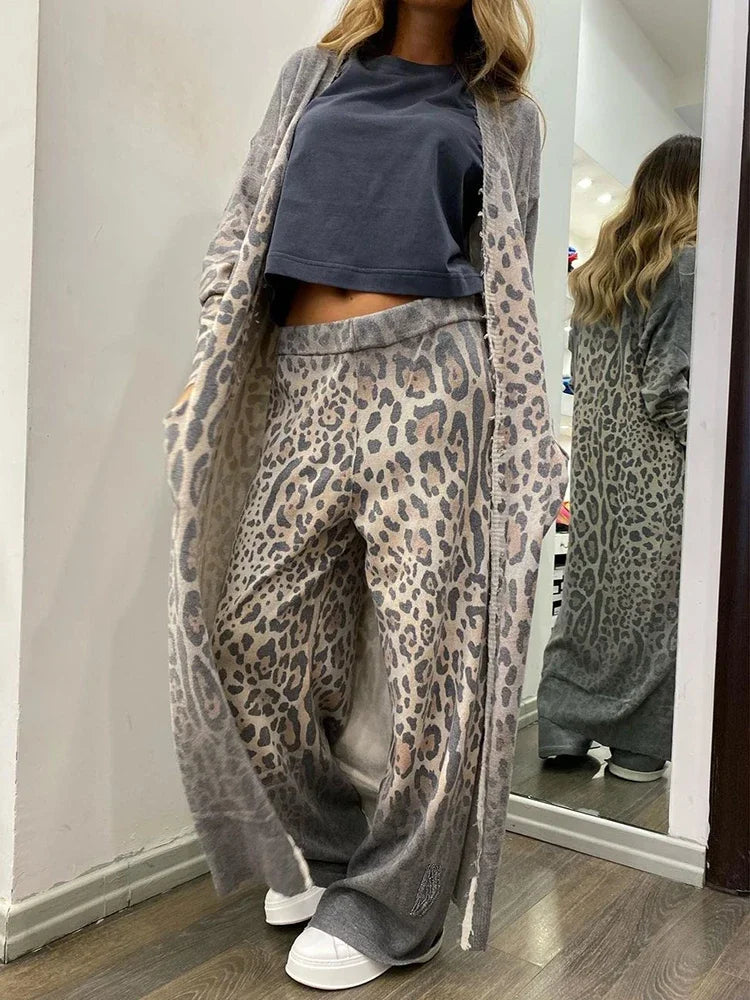 Sabrina - Lange mouwen vest met luipaardprint en elastische broekenset met tailleband